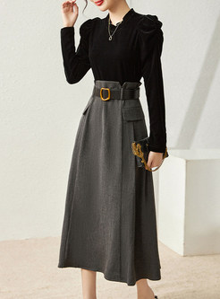 Elegant High Waisted Contrasting Velvet Patch Midi Dresses