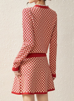 Petite Plaid V-Neck Skirt Suits For Women