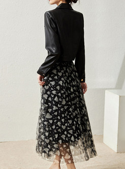 Large Lapels Cropped Leather Blazer & Hearts Mesh Big Hem Midi Skirts For Women