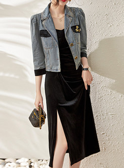 Fashion Shirt Collar Denim Jackets & Velvet Split Slip Dresses