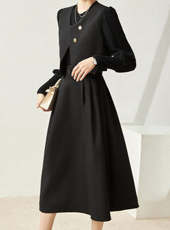 Exclusive Solid Waistcoat & Lantern Sleeve Patchwork Big Hem Midi Dresses
