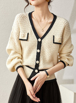 V-Neck Pearl Button Contrasting Open Front Knitted