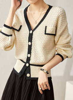 V-Neck Pearl Button Contrasting Open Front Knitted