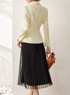 Stylish One Button Contrasting Blazers & Lace Mid Length Skirts