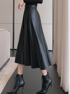 Stylish Thickened PU Big Hem Midi Skirts For Women