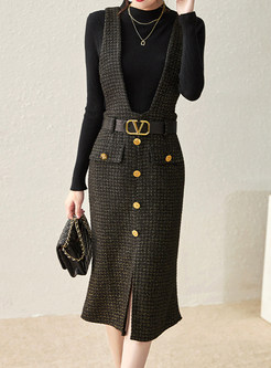 Minimalist Mockneck Knitted Jumper & Tweed Deep V-Neck Bodycon Vest Dresses