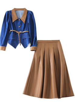 Vintage Contrasting Denim Top & PU Big Hem Midi Skirts For Women