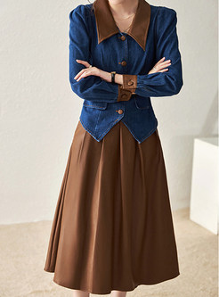 Vintage Contrasting Denim Top & PU Big Hem Midi Skirts For Women