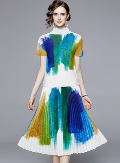 Blooming Elastic Tie-Dye Mock Neck Skirt Outfits For Women
