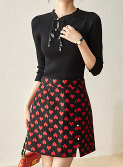 Pearl Button Keyhole Knit Jumper & Chic Hearts Short Skirt Suits
