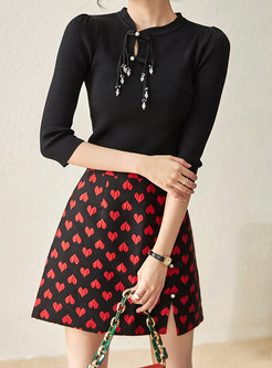 Pearl Button Keyhole Knit Jumper & Chic Hearts Short Skirt Suits