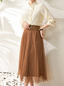 Tailored Satin Frill Trim Side Blouses & High Waisted Mesh Mid Length Skirts