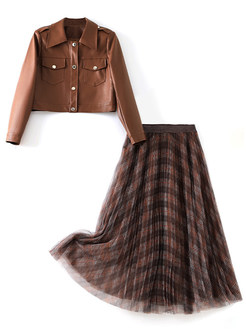 Fashion Cropped Leather Jackets & High Waisted Plaid Mesh Midi Skirts