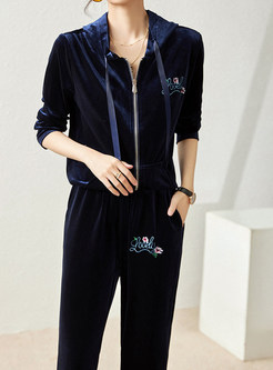 Casual Embroidered Hooded Full Zip Ladies Pant Suits