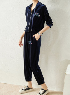 Casual Embroidered Hooded Full Zip Ladies Pant Suits