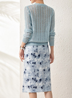 Fashion V-Neck Open Front Knitted & Blurred Floral Pencil Skirts