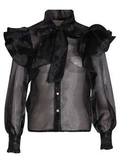 Stylish Organza Frill Trim Pearl Button Blouses For Women