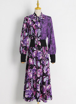 Vintage Lantern Sleeve Floral Print Gathered Waist Maxi Dresses