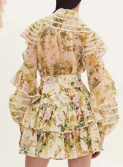 Mock Neck Frill Trim Floral Print Skirt Suits For Women