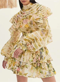 Mock Neck Frill Trim Floral Print Skirt Suits For Women