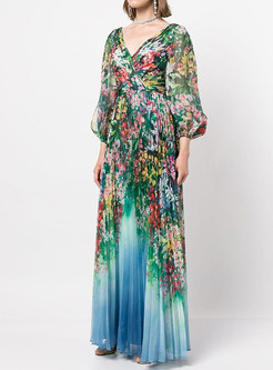 Blooming V-Neck Puff Sleeve Allover Print Swing Maxi Dresses