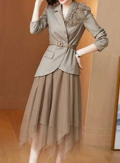 Office Large Lapels Lace-Trimmed Blazers & Irregular Hem Lace Midi Skirts