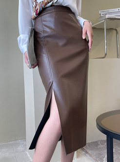 Basic High Waisted Side Slit Leather Skirts