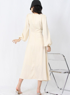 Elegant V-Neck Asymmetrical Pleated Front Long Dresses
