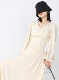 Elegant V-Neck Asymmetrical Pleated Front Long Dresses