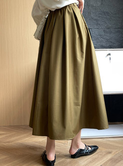 Women's Simple Pleated Elastic Waist Big Hem Long Skirts