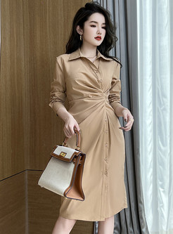 Turn-Down Collar Single-Breasted Pleated Front Shirt Dresses