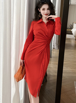 Turn-Down Collar Single-Breasted Pleated Front Shirt Dresses