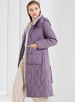 Fashion Contrasting Dual Pocket Hooded Down Duffle Coat For Women