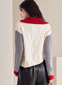 Relaxed Turn-Down Collar Patchwork Knitwear For Women