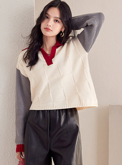 Relaxed Turn-Down Collar Patchwork Knitwear For Women
