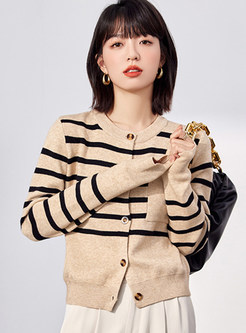 Crewneck Striped Single-Breasted Women's Open Front Knitted