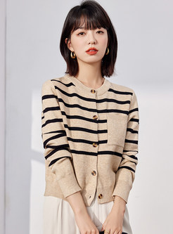 Crewneck Striped Single-Breasted Women's Open Front Knitted