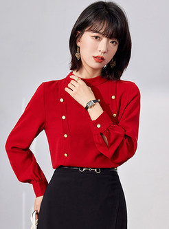 Exclusive Mockneck Double-Breasted Dressy Blouses Womens