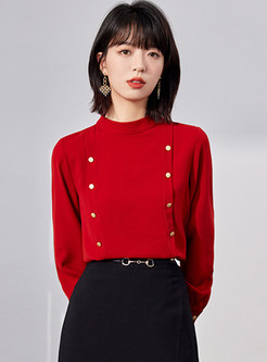 Exclusive Mockneck Double-Breasted Dressy Blouses Womens