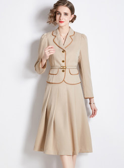 Lapel Colorblock Fitted Blazers & Big Hem Midi Skirts For Women