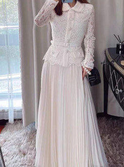 Fashion Sweet Turn-Down Collar Lace Openwork Pleated Long Dresses