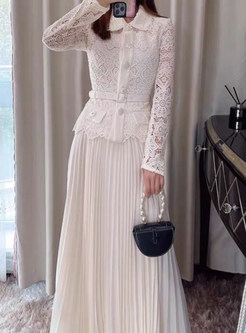 Fashion Sweet Turn-Down Collar Lace Openwork Pleated Long Dresses