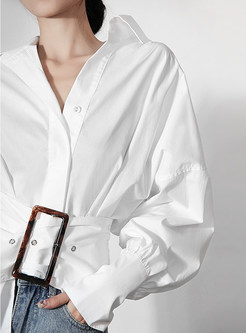 Turn-Down Collar Puff Sleeve Belted White Blouses For Women