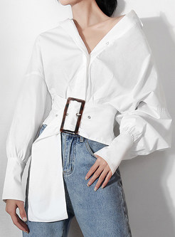 Turn-Down Collar Puff Sleeve Belted White Blouses For Women