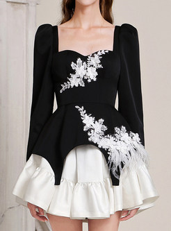 Fashion Contrasting Embroidered Feathers Little Black Dresses