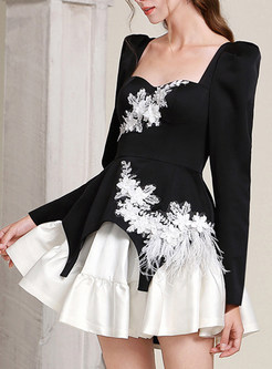 Fashion Contrasting Embroidered Feathers Little Black Dresses