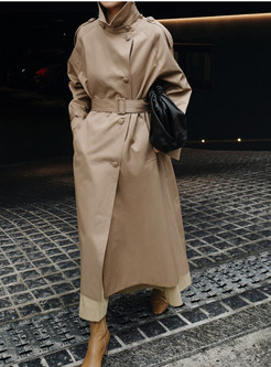High Neck Single-Breasted Belted Long Trench Coats Women