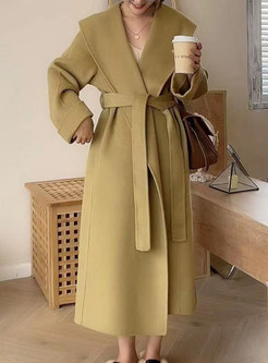 Large Lapels Belted Solid Color Long Coats For Women