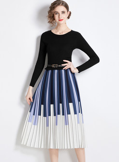 New Look Crewneck Long Sleeve Colorful Striped Pleated Skater Dresses