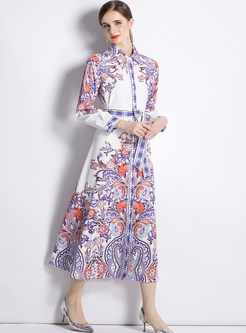 Vintage Turn-Down Collar Single-Breasted Floral Print Maxi Dresses